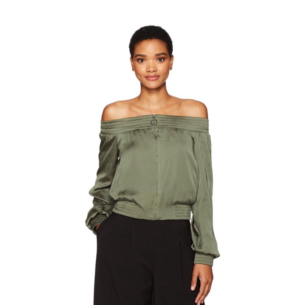 BCBGMAXAZRIA Olive Green Satin Marco Off The Shoulder Cropped Bomber Jacket